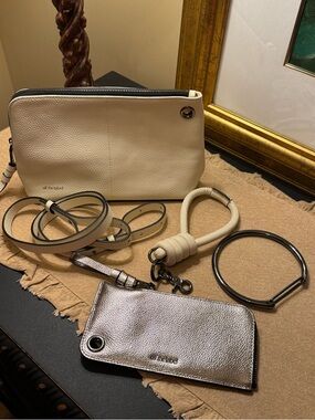 All the Label Cream and Gunmetal Leather Crossbody Set. NWOT
